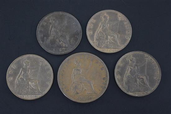 Five British pennies - William IV to Edward VII,